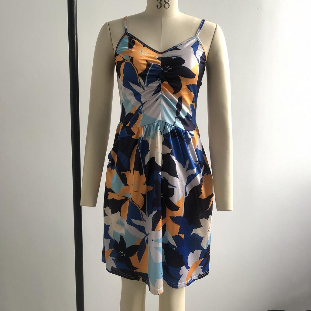 Kvinnemote Uformell ermeløs slank Sexy V-hals trykt mellomlang kjole