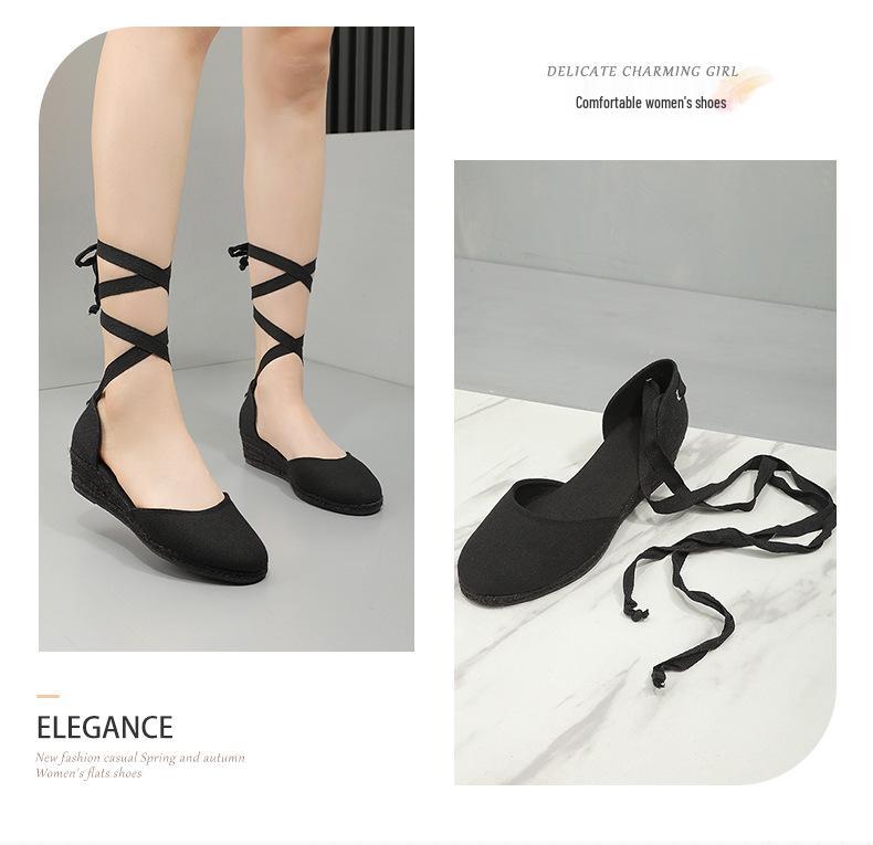 Women's Lace-Up Wedge Heel Straw Sandals - 2024 Spring/Summer Fashion Collection