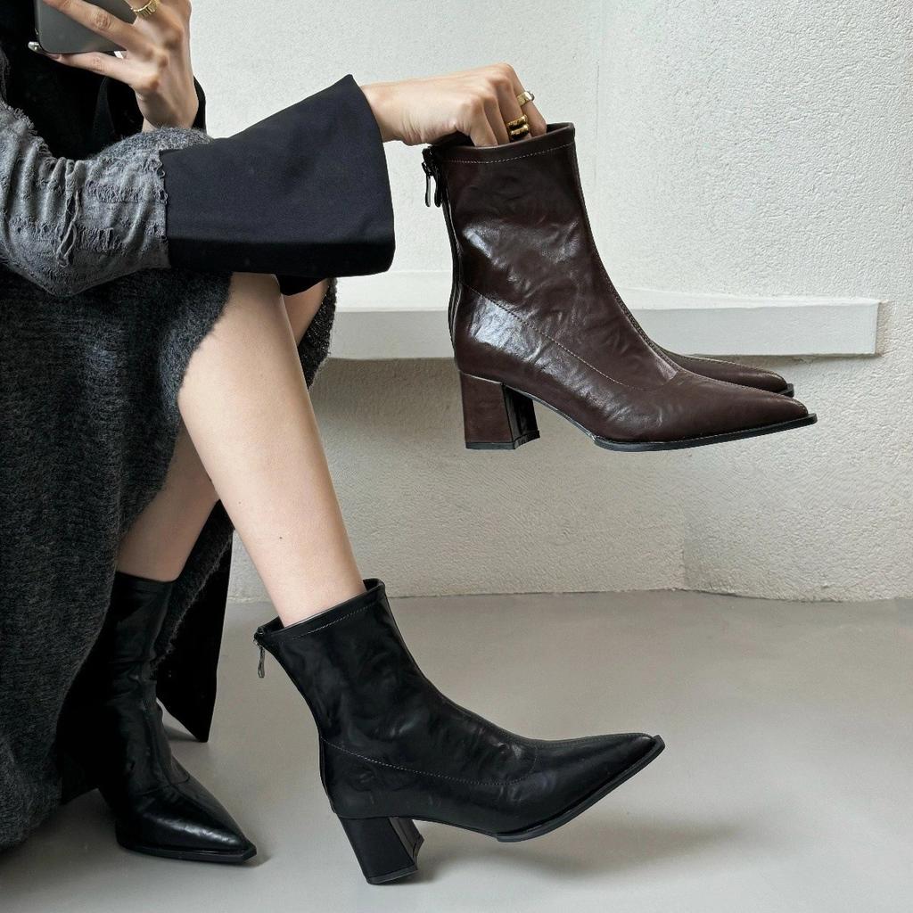 Autumn pointed head thick heel short boots women's high heel Martin boots short thin boots versatile fashion knight boots