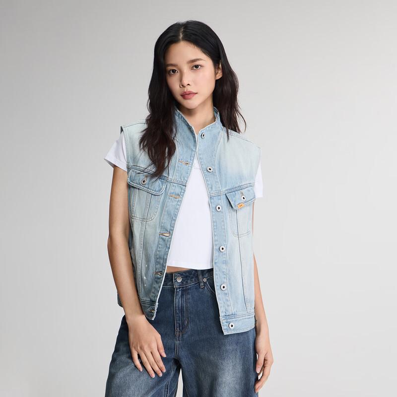 Lee Women s Light Blue Stand Collar Ink Splash Sleeveless Denim Jacket S