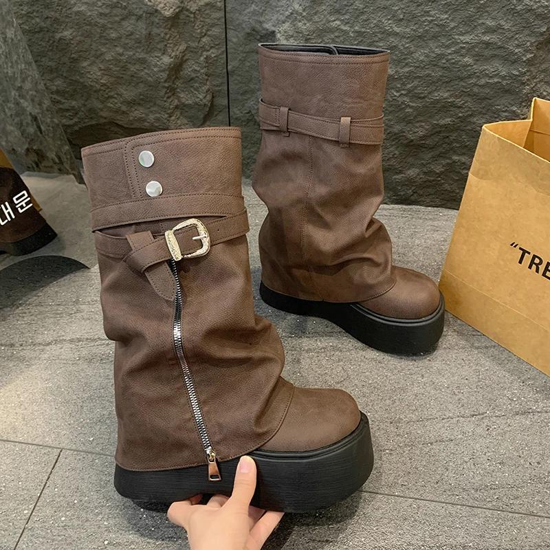 

Дизайнерские высокие сапоги для женщин, плоская подошва, обувь на платформе, до колена, модные зимние женские сапоги, мотоциклетные сапоги, готические, новые, Mujer Botas 35