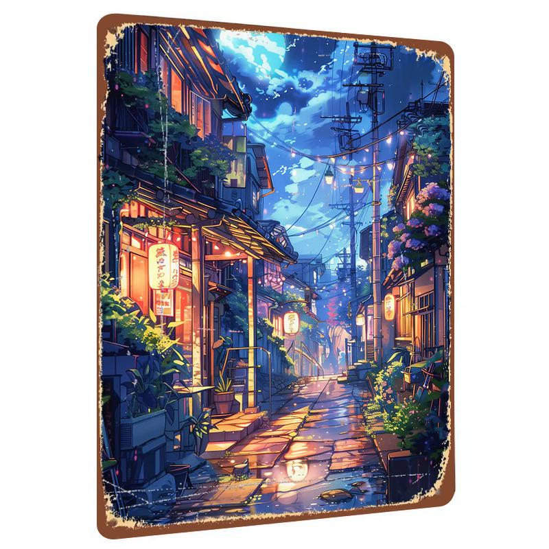 Japanese Street Night View Metal Wall Art Modern Home Decor Living Room Bedroom Decoration Painting