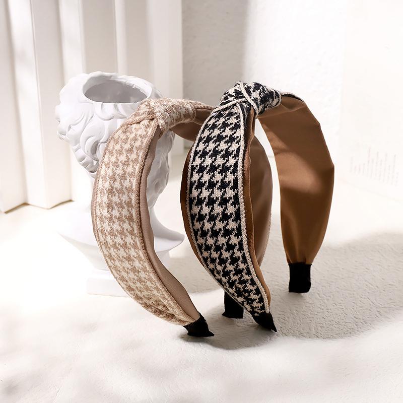 Vintage Print Wool Satin Patchwork Headband for Women Ladies Shopping Party Photograph Hair Hoop Accessories