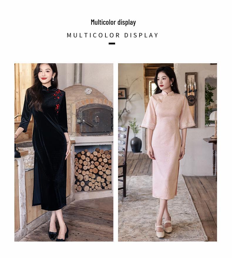 Bei Zhi Yun High-End Black Velvet Embroidered Long Sleeve Cheongsam – Winter 2025