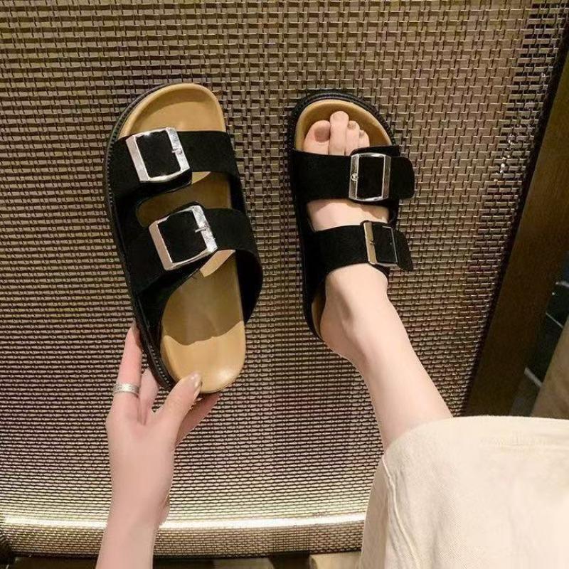Summer new flat bottom one word with square buckle thick bottom beach wear cool slippers women