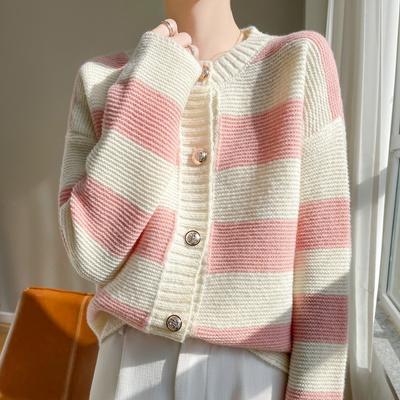 Spring and Autumn Round Neck Striped Knit Sweater Women's Tops Short Sweater Cardigan Jacket