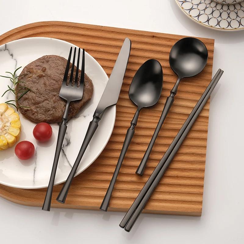Matte Black 18/10 Stainless Steel Luxury Cutlery Tableware Knife Coffee Ice Spoon Fork Chopsticks Flatware Set Dishwasher Safe