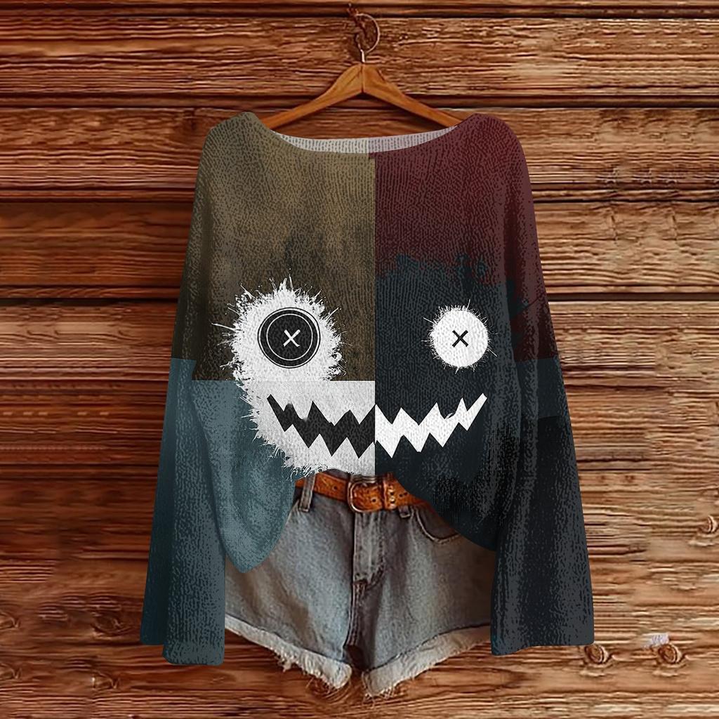 Women's Long Sleeve Halloween Print Crewneck Knit Pullover Sweater for Casual Daily Wear