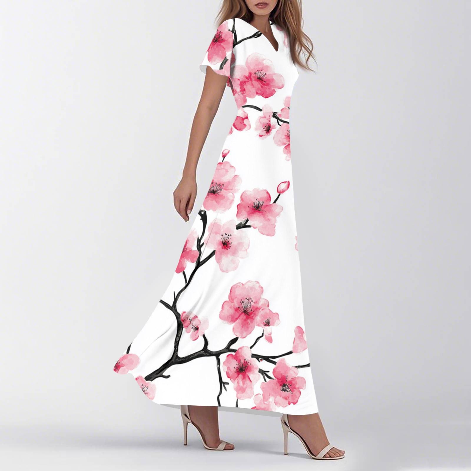 

Женское летнее повседневное модное ретро-платье с цветочным принтом и коротким рукавом XL розовый