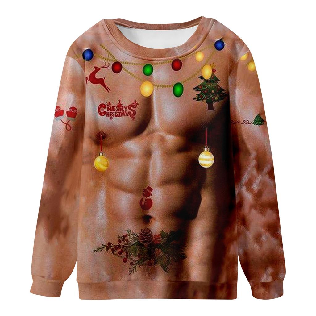 Christmas Chest 3D Print Long Sleeve Sweater Creative Couple  Winter Round Neck Party Coat