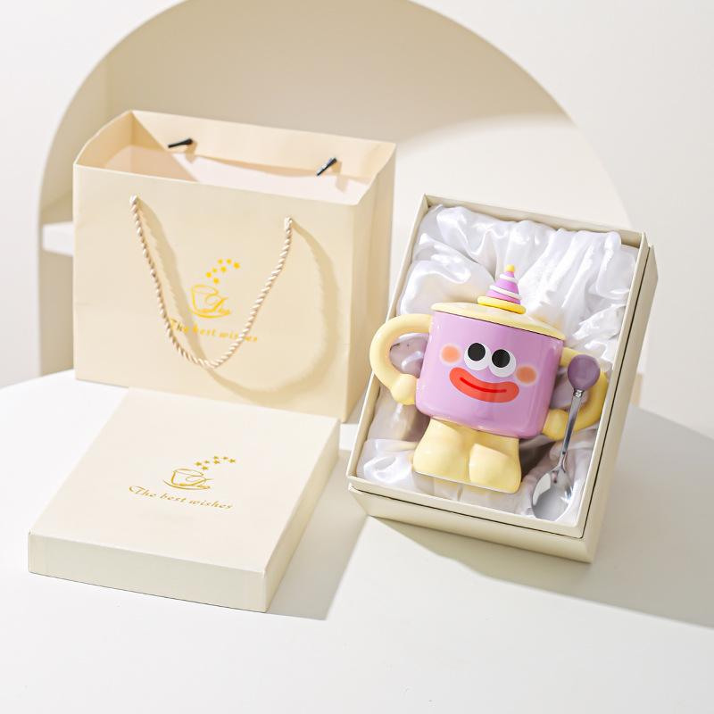 Clown ceramic cup with lid and spoon, mug, girl dormitory cup, household water cup, holiday gift for friends