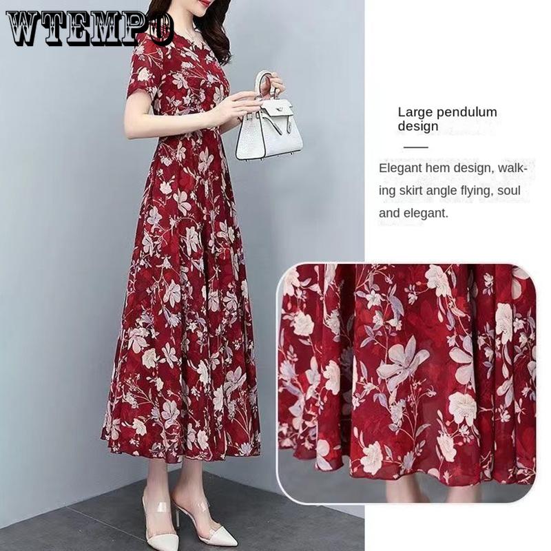 WTEMPO Women's Summer Plus Size Dress Vacation Print Beach Dress Waist-waist Dress Temperament Loose Floral Dress