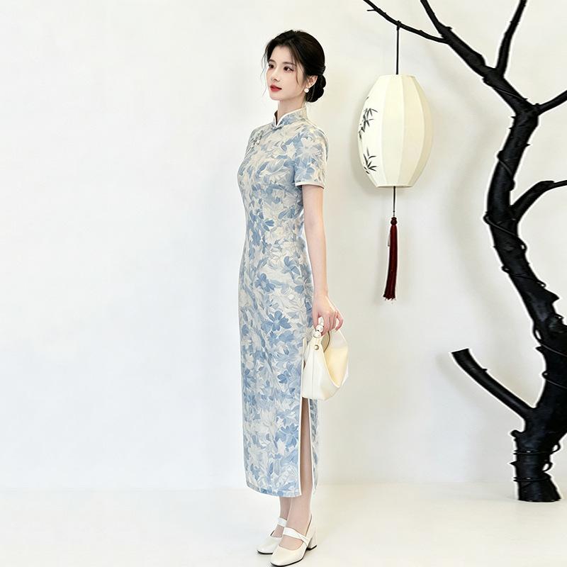 Blue short-sleeved national style new Chinese daily Suzhou long cheongsam improved young 1011 new women's high sense