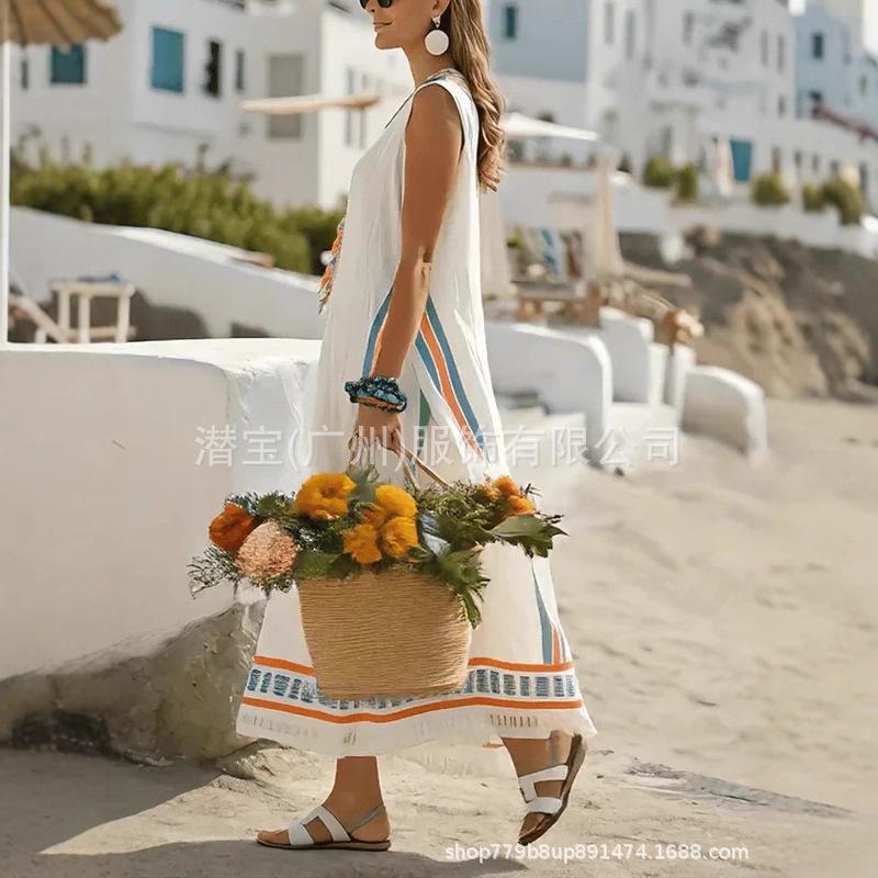 Spot new European and American women's clothing V-neck holiday casual digital positioning printed women's dress