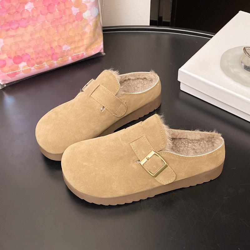

Stepping on shit, pregnant women s baotou half slippers, women s autumn and winter wear one pedal, velvet without heel, retro Birkencotton slippers 35