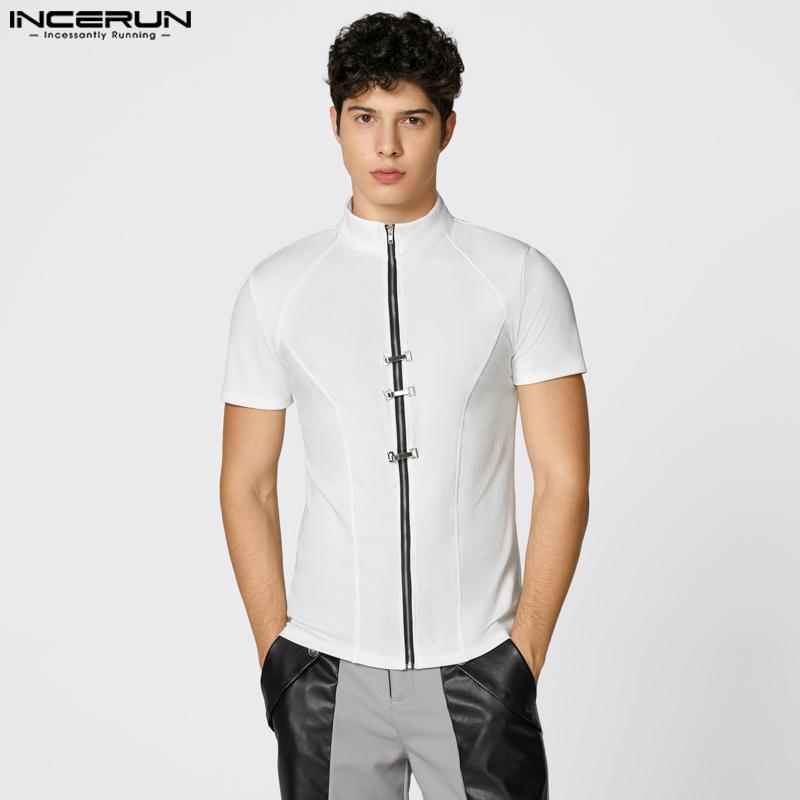 INCERUN Summer Men High Neck Short Sleeve Zip-Up Fitted Tops T-shirts Undershirts