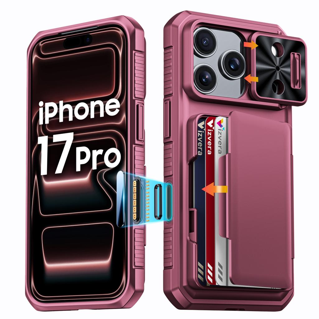 Shockproof Protective Wallet Case with Card Holder, Kickstand and Sliding Camera Cover for iPhone 17 Pro-Orange