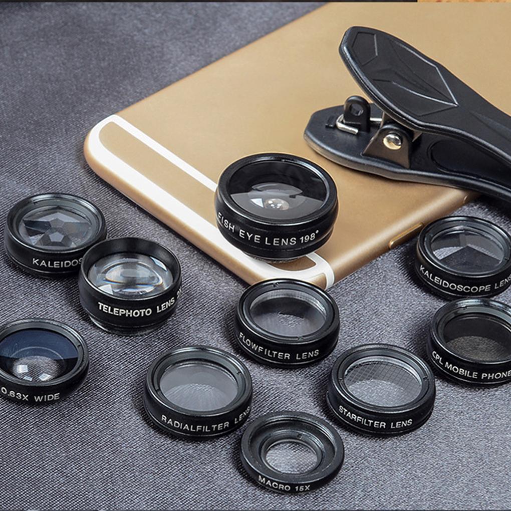 10in1 CellPhone Camera Lens Kit Wide Angle&Macro Lens+Fisheye Lens Telephoto Lens CPL/Flow/Star/Kaleidoscope for Phones