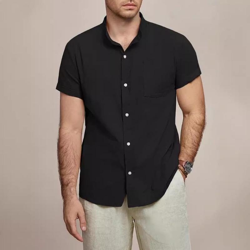 Men Stand Collar Short Sleeve Linen Shirt Full Button Down Chest Pocket Solid Casual Blouse