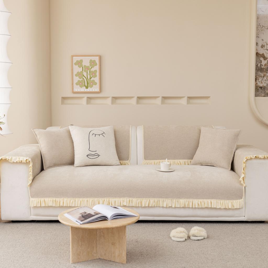 Fabric Sofa Cushion Cover Non-Slip Backrest Towel Cushion Four Seasons Universal Chenille Japanese Korean Style Living Room Solid Color Cover Cloth