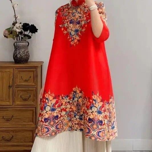 Ethnic Wind Printed Pleated Dress Spring and Summer New Fashion Foreign Air Large Size Thin Age-sen Long Sleeve Long Skirt