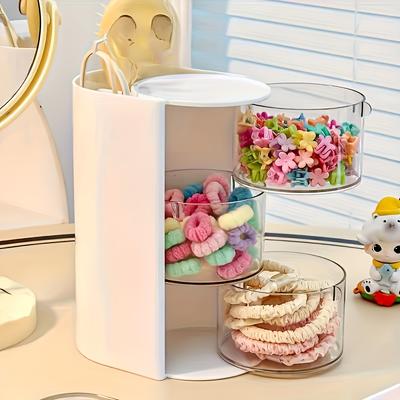 Rotating Multi-Layer Transparent Hair Accessory Organizer - With Multiple Compartments for Makeup, Brushes, and Beauty Tools
