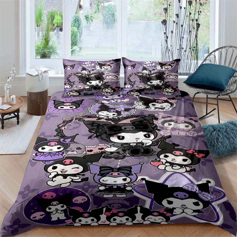 New Kuromi-themed Three-piece Bedding Set, Including Duvet Cover and Pillowcases, But Without Filling. A Great Holiday Gift.