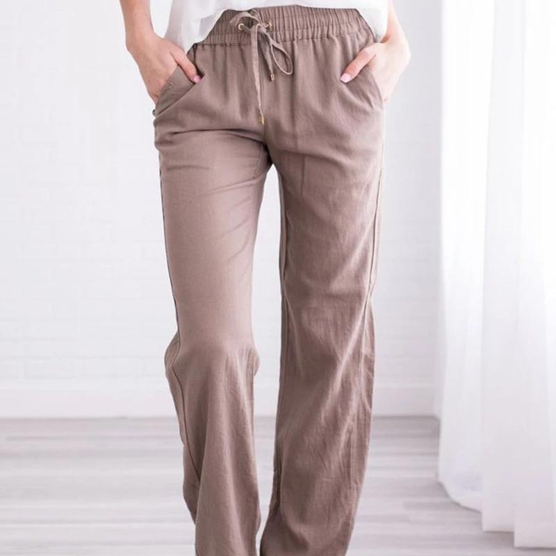 Solid Color Cotton Hemp Drawstring Loose Casual Wide Leg Trousers