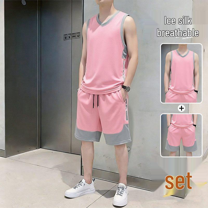 Men's 2026 Summer Sleeveless Ice Silk Basketball Training Vest and Shorts Set - Quick Dry and Loose Fit