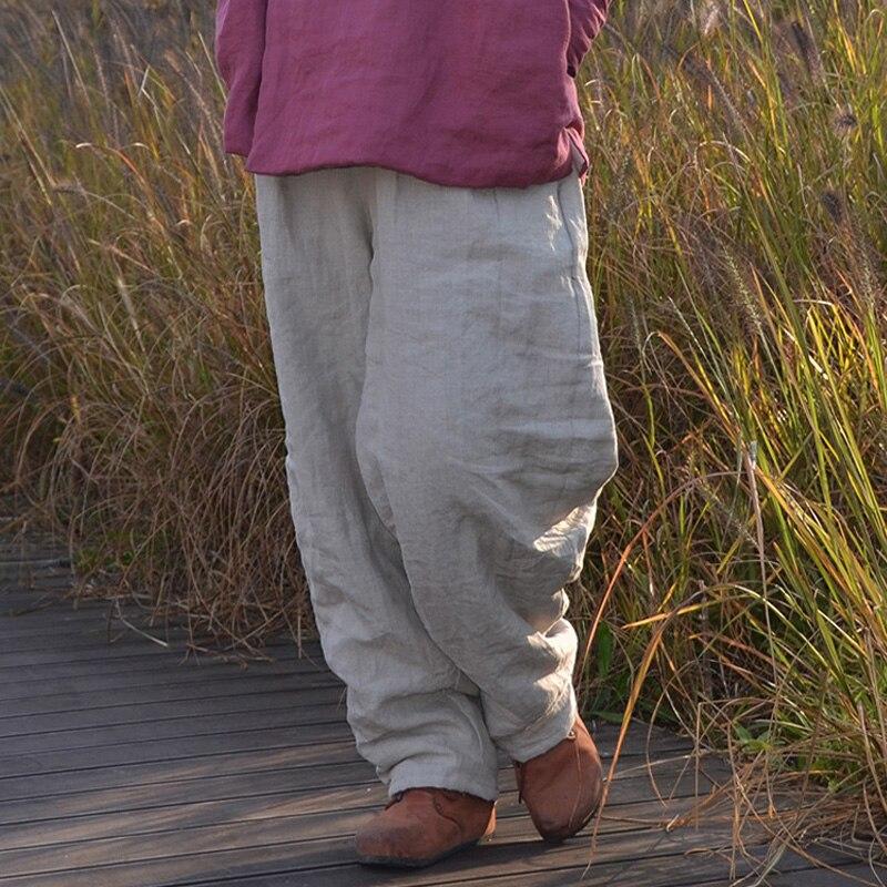 Johnature Women Winter Wide Leg Pants Cotton Linen Warm Trouser Solid Color Elastic Waist Pockets Vintage Female Pants