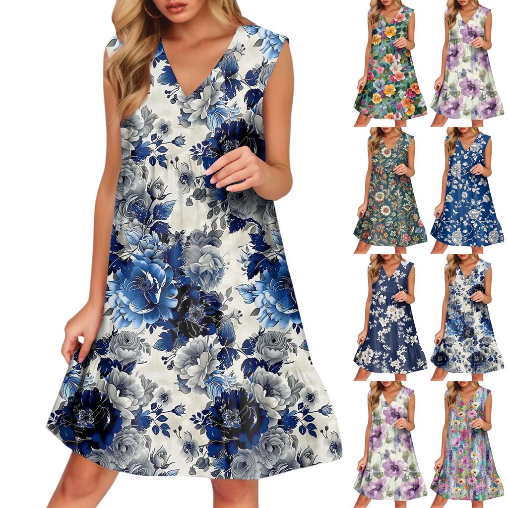 Women's Casual Fashion Breathable V-neck Vest With Pockets Floral Holiday Dress