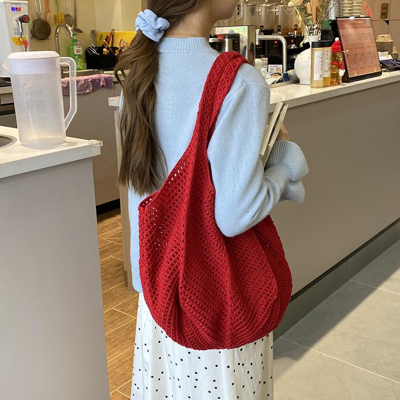 

Casual Beach Vacation Knitting Shoulder Bags for Women Large Capacity Ladies Shopping Tote Simple Hollow Design Female Handbags