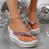 Luxury Glitter Strap Flip Flops Women Summer Round Toe Chunky Platform Super High Heel Slippers Soft Wedge Heel Beach Sandals
