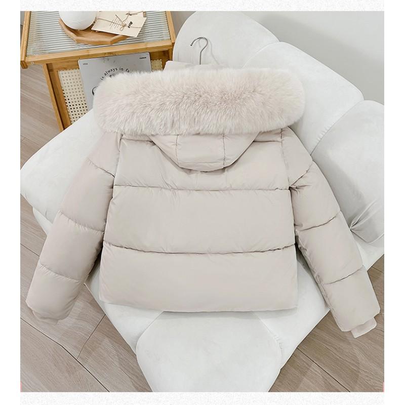 Womens Short Puffer Coat With Faux Fur Collar Hooded Winter Jacket Thick Warm Cotton Fill Korean Style
