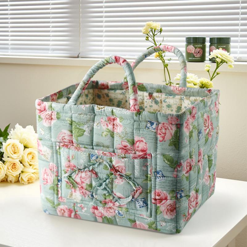 Korean Home Pastoral Fabric Storage Basket Clothing Sundries Storage Basket Floral with Handle Underwear Storage