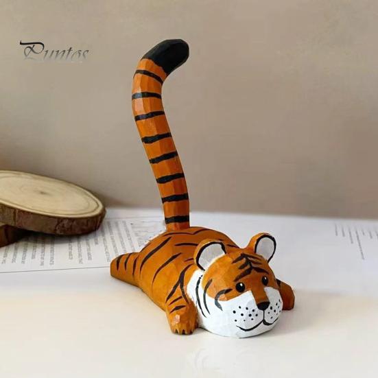 Hand Carved Basswood Stand Wooden Tiger Cat Phone Stand, Desktop Ornament, Cute Unique Healing Ornaments Animal Holder, Handmade Decor, Creative Gift