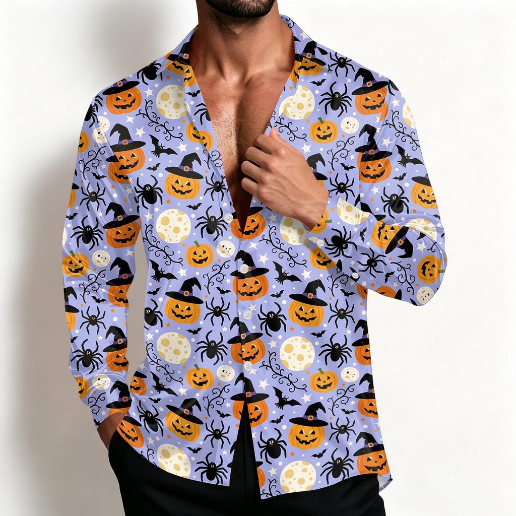 Men's Casual Loose Fit Breathable Shirt Jacket with Turn-Down Collar for Halloween Spring and Fall