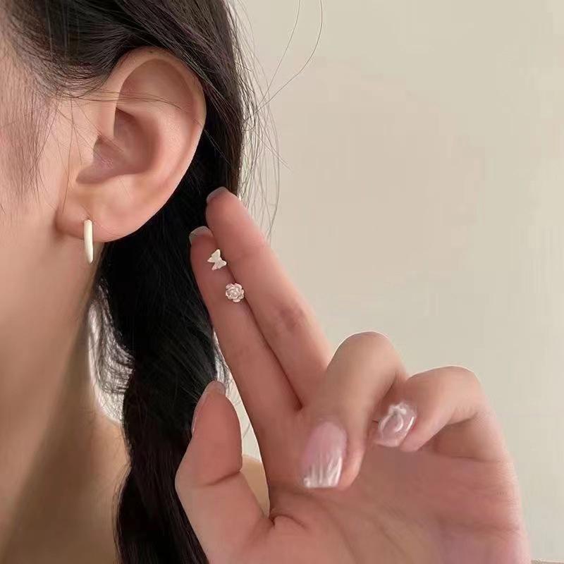 3Pair/Set Korean Pink Heart Butterfly Flower Stud Earrings For Women Girls Sweet Cute Small Circle Piercing Earrings Set Jewelry