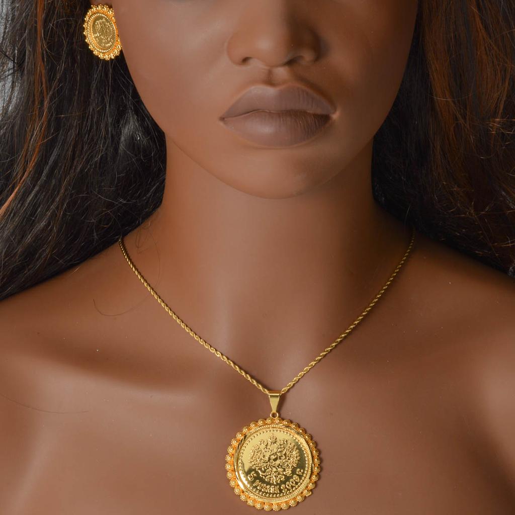 Persisk Lejon Sol Symbol Guldpläterad Halsband Örhängen Set Antik Mynt Vintage Mellanöstern Stil Smycken Gåva till Henne Fest