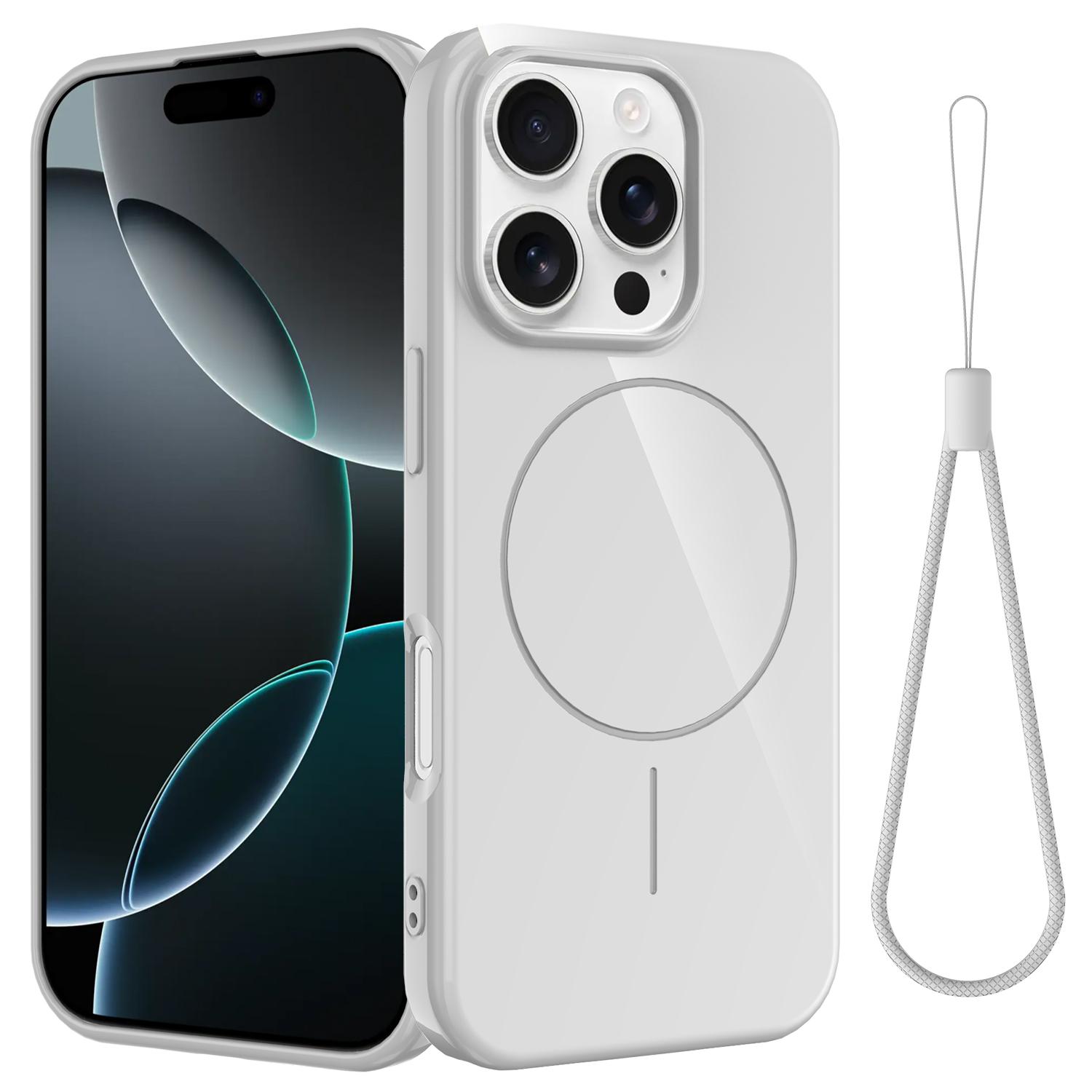 

For iPhone 16 Pro Magnetic Case Compatible with MagSafe TPU Phone Back Cover with Lanyard White