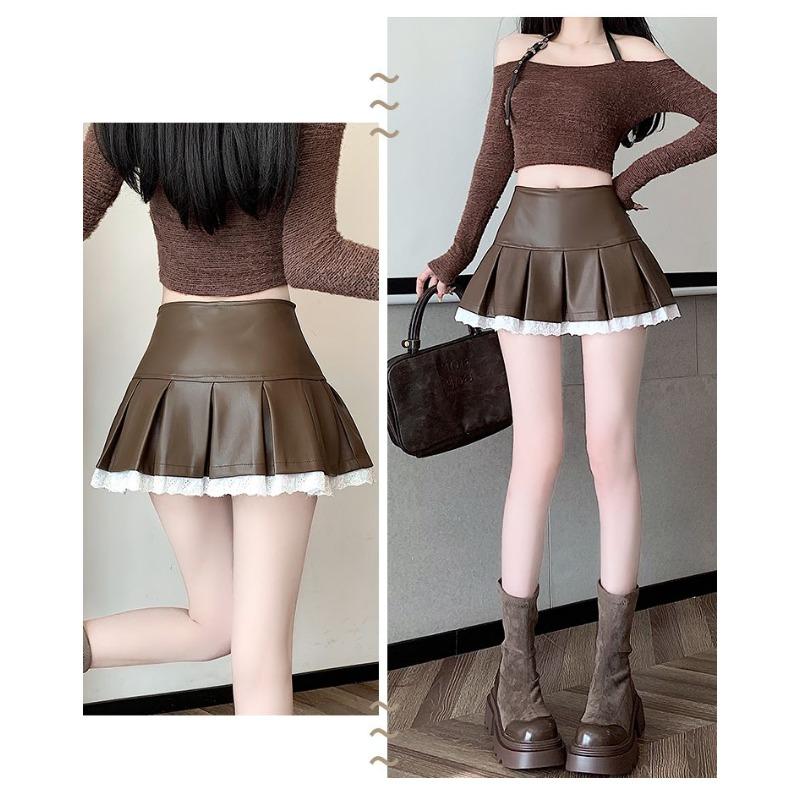 Hot Girl Leather Pleated Lace Skirt Autumn and Winter High Waist Versatile Hip-covering A-line Skirt Pants