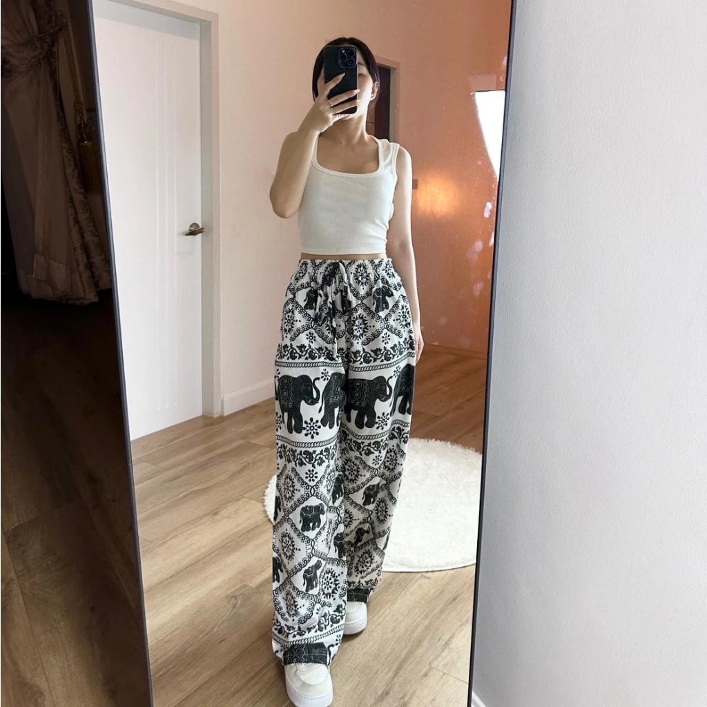Elephant Pants Women Men Unisex Premium Japanese Silk Print Thailand Casual Streetwear Beach Bohemian Retro Vintage Adjustable Rope Loose Legs