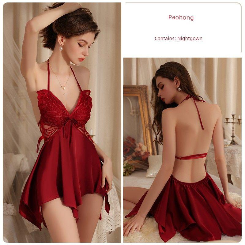 

Good Morning with You: Pure Desire Butterfly Chest Pad Slip Nightdress Two-piece Set French Sexy Pajamas Ice Silk Loungewear Suit Jujube (single nightgown) 170 (XL)