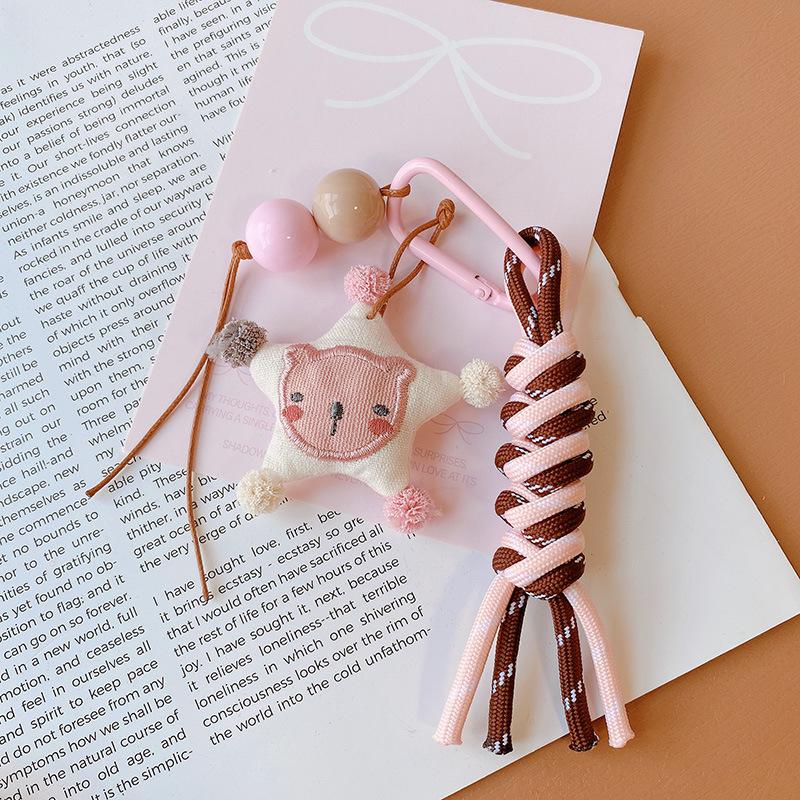 Cute Handmade Plush Charms with Braided StrapsPink Fabric Animal Keychain, Cute Plush Charm,Kawaii Pink Fabric Animal Keychain Set