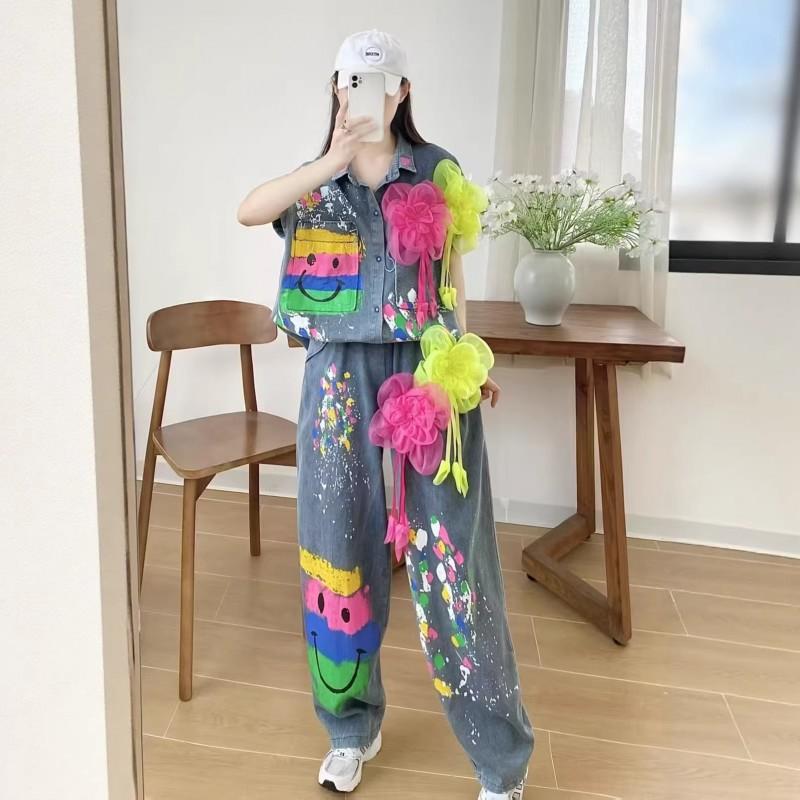 2026 3D Floral Graffiti Denim Sleeveless Shirt Wide Leg Pants Set Women