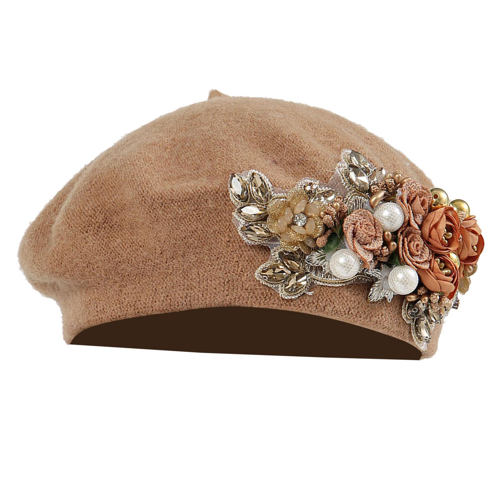 

Pearls Studded Girls Beret Stylish Bowknot Headwear Painter Hat Show Small Face Versatile Painter Hat Flower 1 хаки