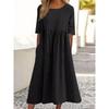 Damen Blau Rundhals Halbsleeve Hohe Taille Raffung Leinen Maxikleid Mit Taschen