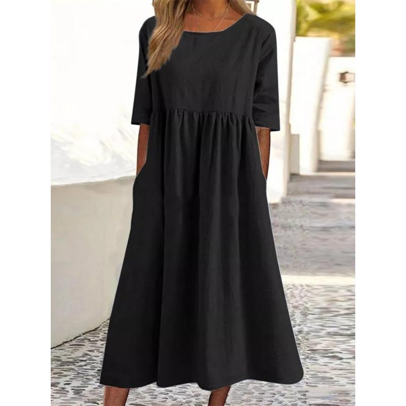 Damen Blau Rundhals Halbsleeve Hohe Taille Raffung Leinen Maxikleid Mit Taschen