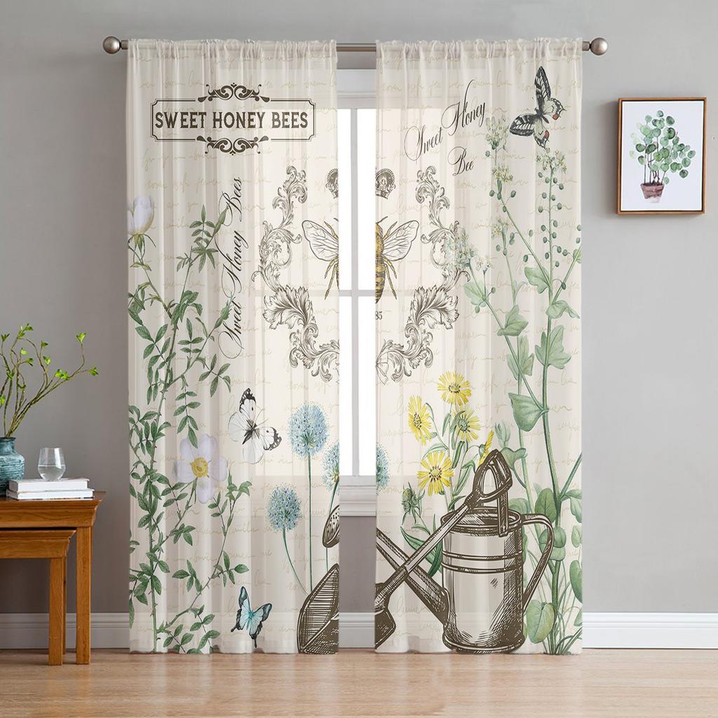 Grey Dandelion Flowers Plants Sheer Curtain for Living Room Bedroom Voile Drape Kitchen Window Tulle Curtains Home Essentials