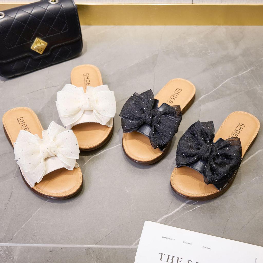 Women's Genuine Leather Bowknot Sandals, Sizes 35-43, Casual One-Strap Soft Sole Slippers